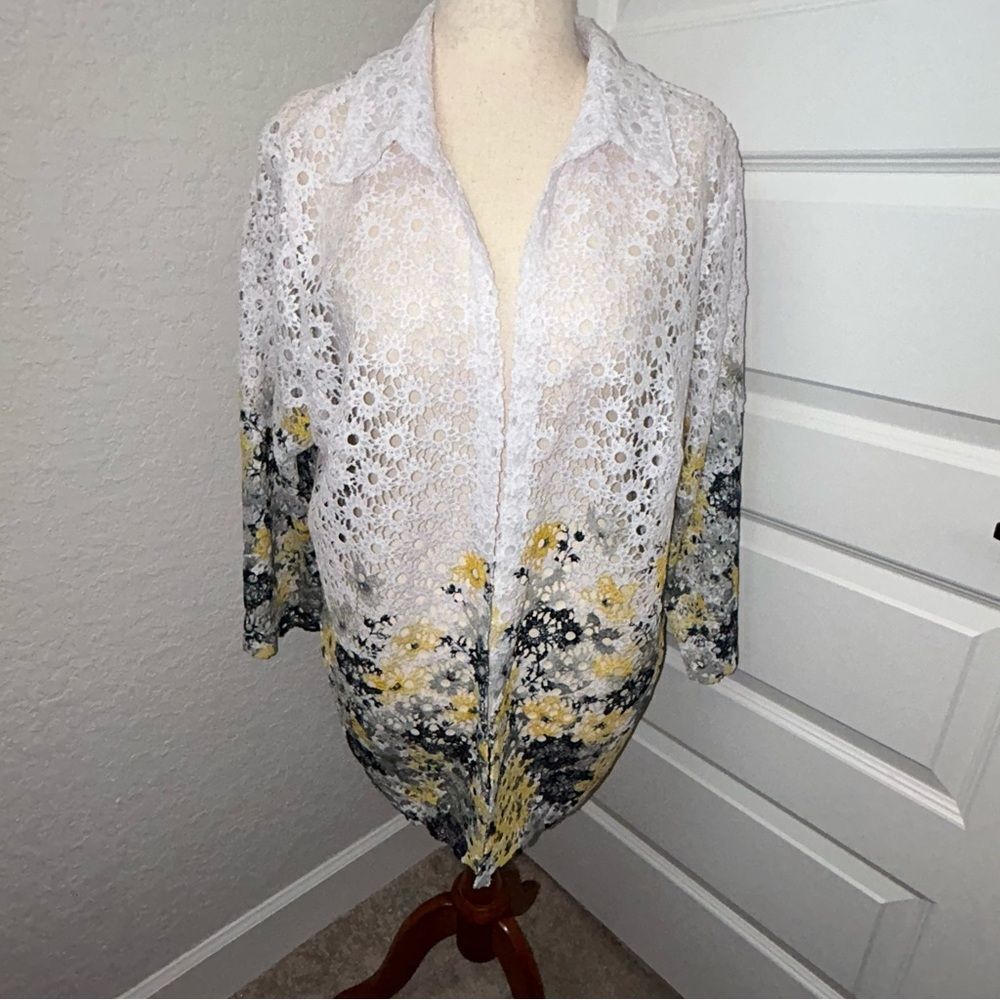 Alfred Dunner Floral Ombre Watercolor Print Crochet Open Front Cardigan